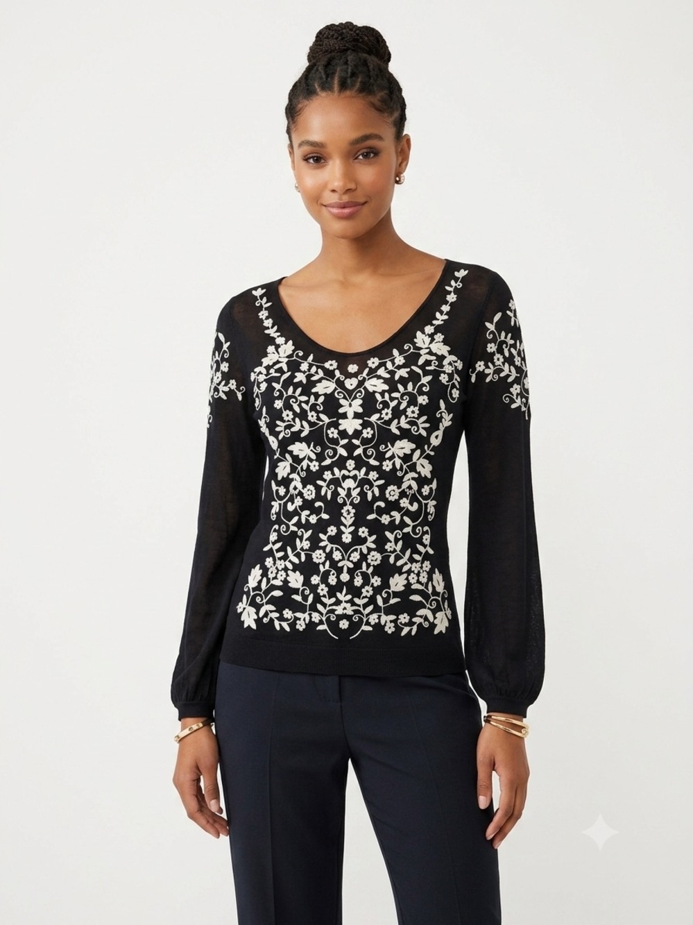 Karen Kane Sheer Black Top | Balloon Sleeves & Floral Embroidery Size Medium